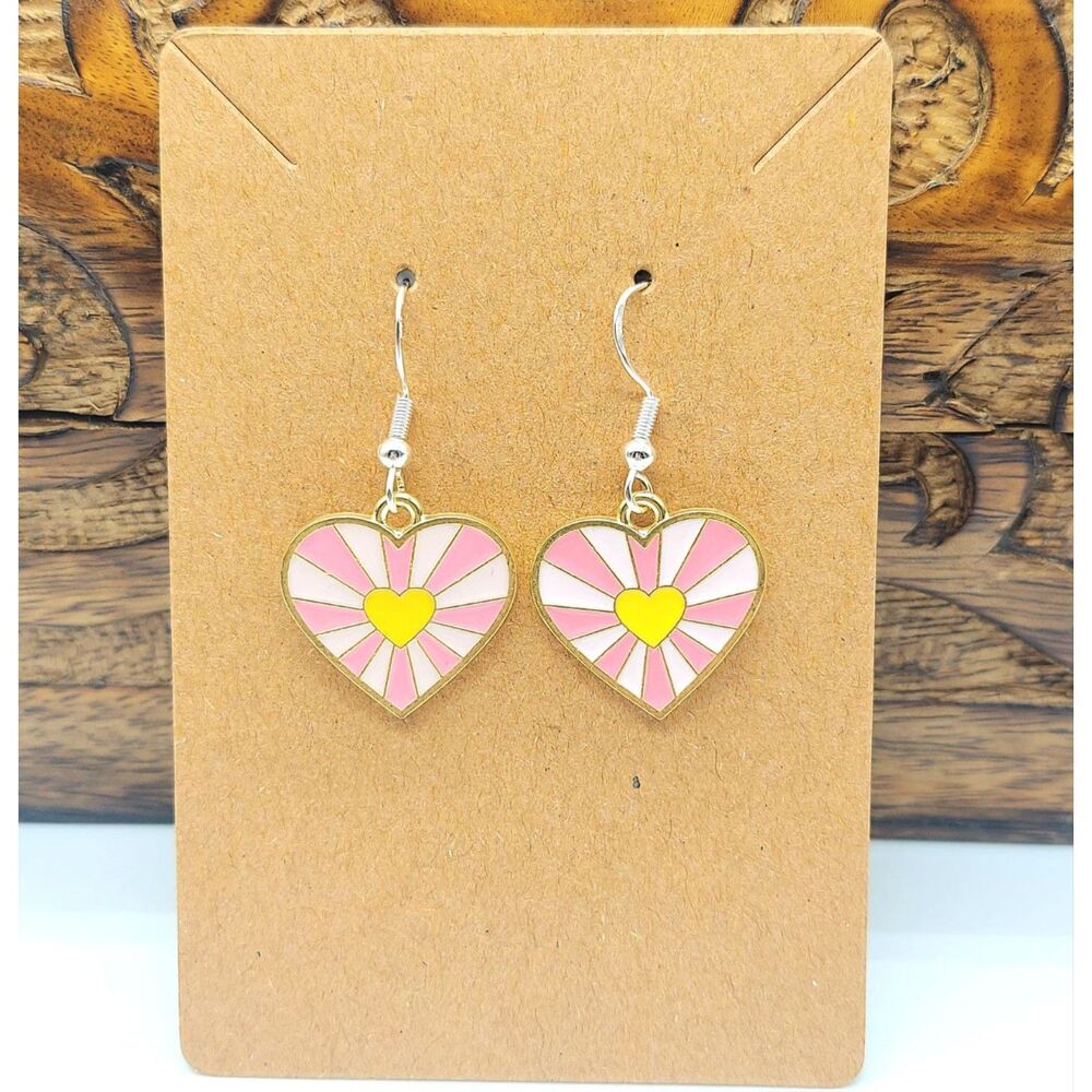 Yellow and Pink Retro Heart Earrings Valentine's Day